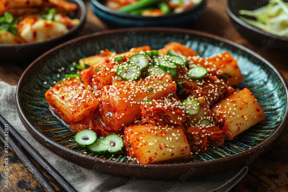 Vibrant traditional kimchi garnished with sesame seeds and scallions on rustic wooden table with banchan Vibrant traditional kimchi garnished with sesame seeds and scallions on rustic wooden table with banchan