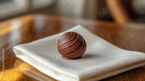 Perfectly crafted chocolate truffle on a white napkin in an elegant setting