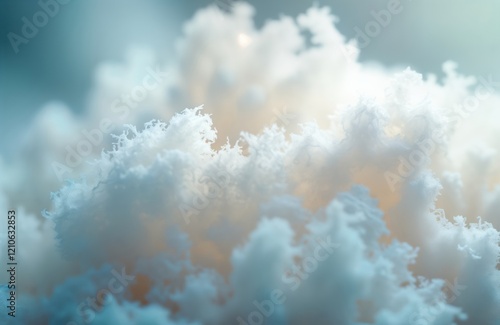 Closeup view of fluffy white polyester fiber. Detail of soft synthetic material. Texture, structure of synthetic fiber. Macro photo showing filament, fluff. Looks like material used for insulation