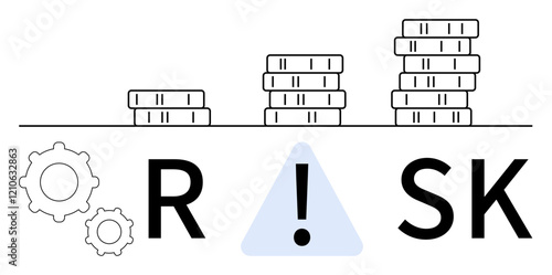 Stacked coins beside a caution sign with gears representing management and strategy. Ideal for finance, investment, caution, risk management, business planning, decision making, and economics. Line