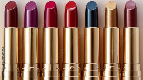 Colorful lipstick collection arranged neatly on a surface with golden tubes i...