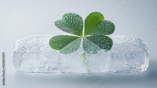 Four leaf clover resting on a block of ice with droplets in a cool setting