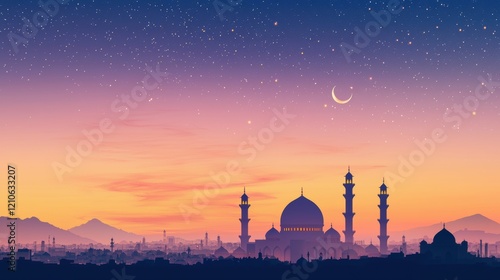 Majestic Mosque Silhouette At Sunset Under Starry Sky photo