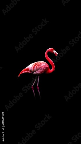 Bright flamingo standing gracefully against a dark background in a serene nat...