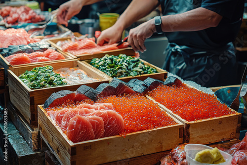 Vibrant activity at Tsukiji fish market showcasing fresh seafood and traditional Japanese culture