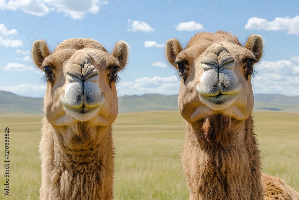 Obraz premium Two bactrian camels posing in the mongolian steppe