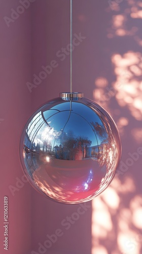 Large reflective sphere hanging in modern interior space with soft lighting