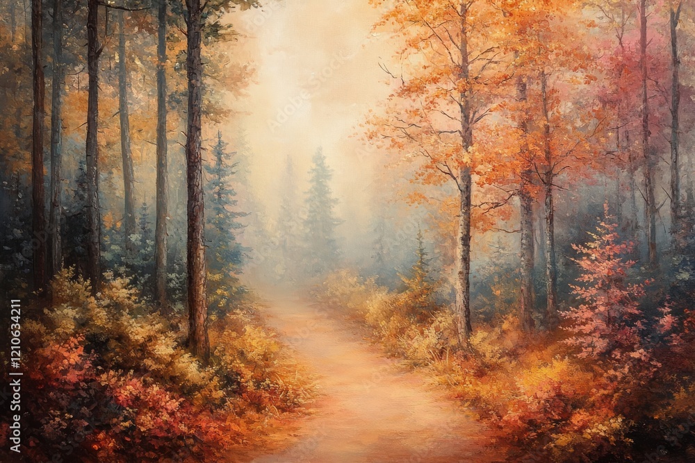 Obraz premium Autumn pathway through a colorful forest with misty surroundings