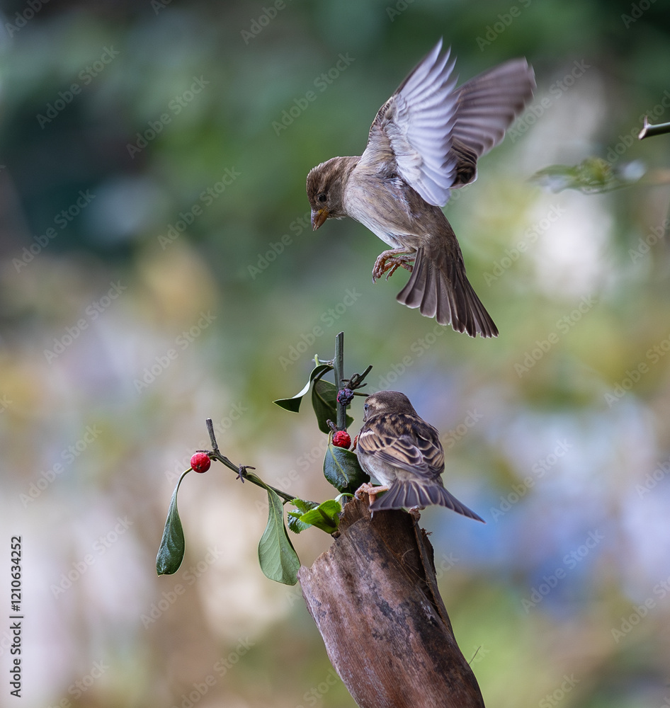 In winter, disputes over food offer excellent postures for birds, such as sparrows.
