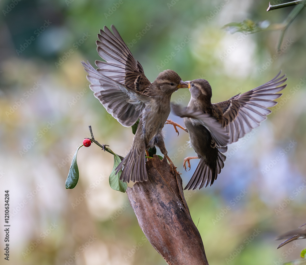 In winter, disputes over food offer excellent postures for birds, such as sparrows.