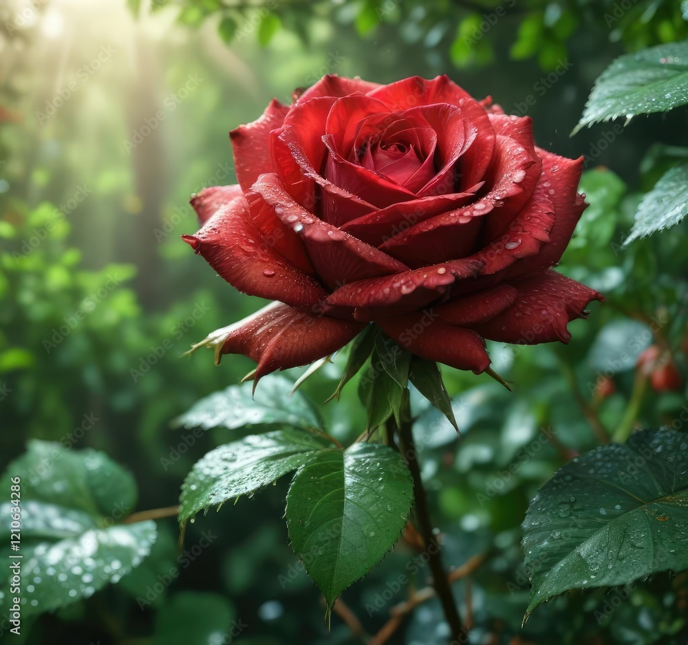 A vibrant red rose against a backdrop of lush foliage with a hint of water droplets, garden, nature