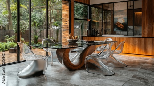 Modern dining area featuring transparent chairs and a glass table in a stylis...