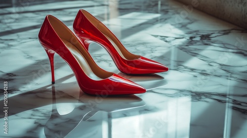 Elegant red high heels positioned by a sunny window in a stylish indoor setting