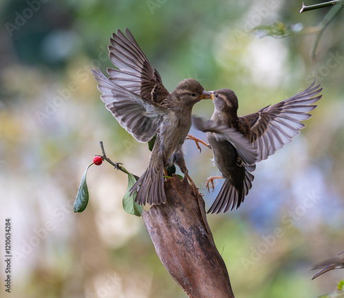 In winter, disputes over food offer excellent postures for birds, such as sparrows.