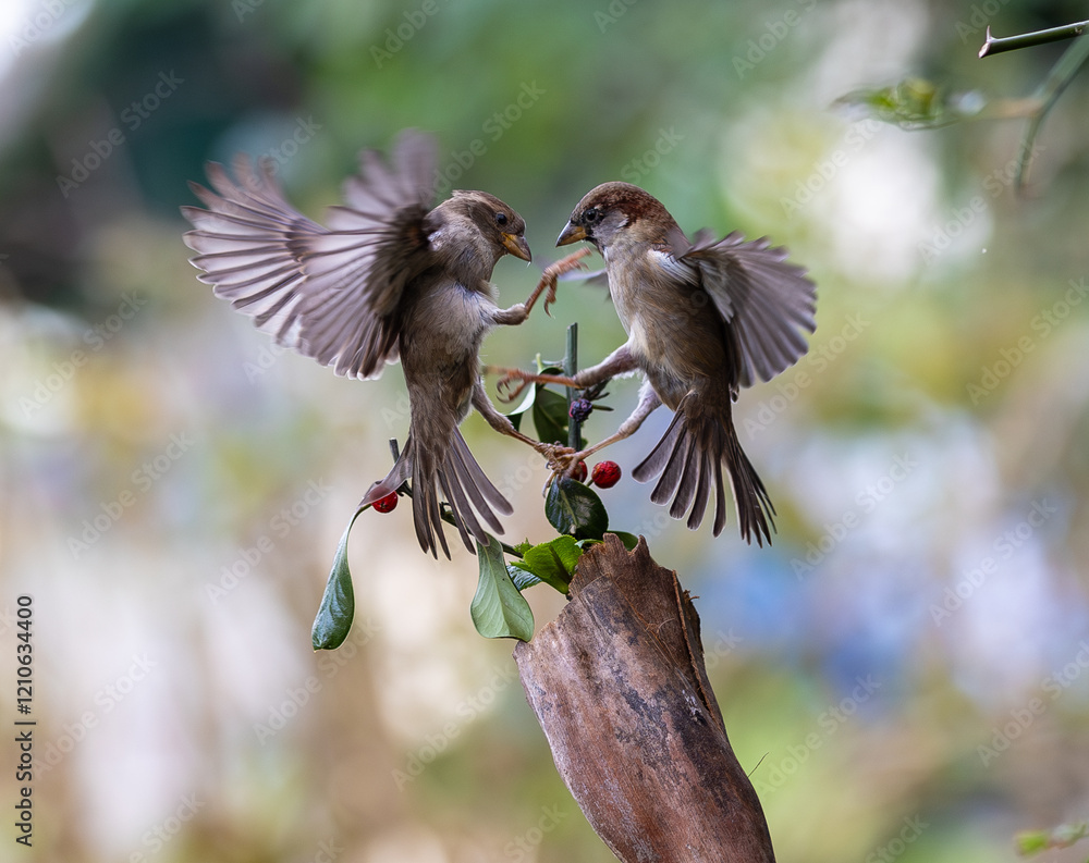 In winter, disputes over food offer excellent postures for birds, such as sparrows.