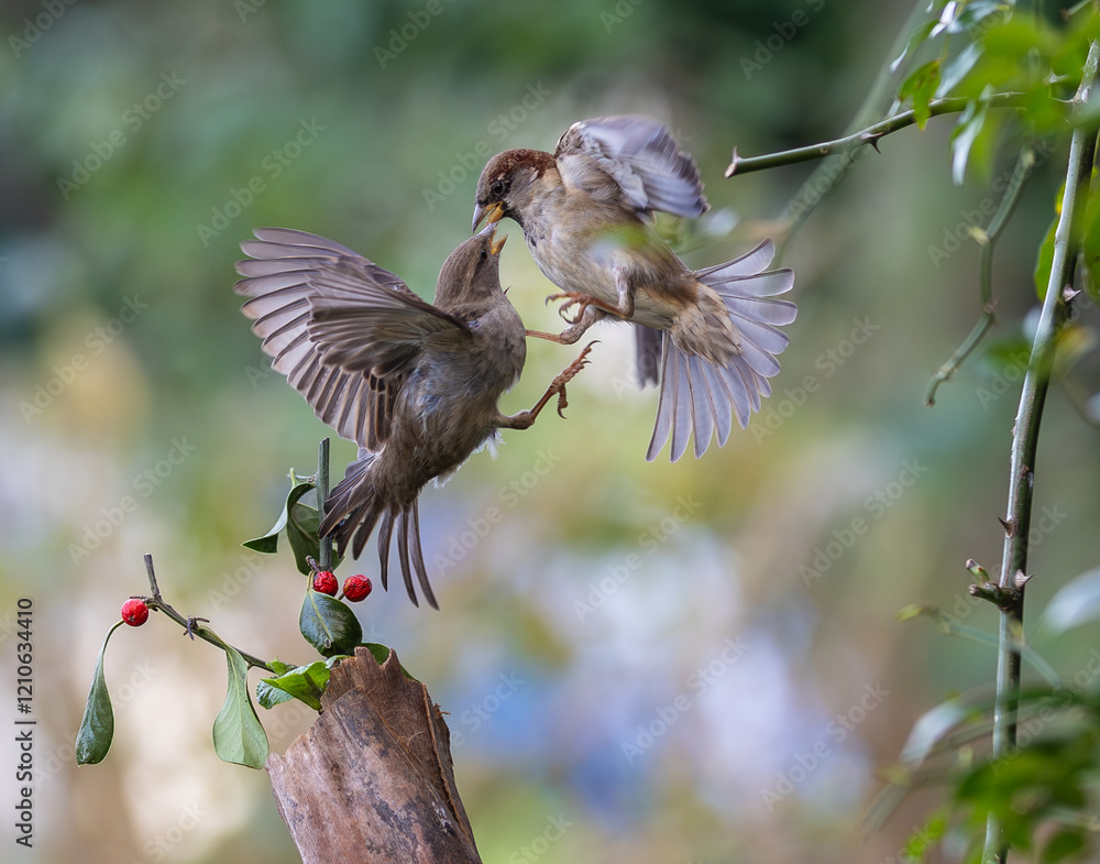 In winter, disputes over food offer excellent postures for birds, such as sparrows.