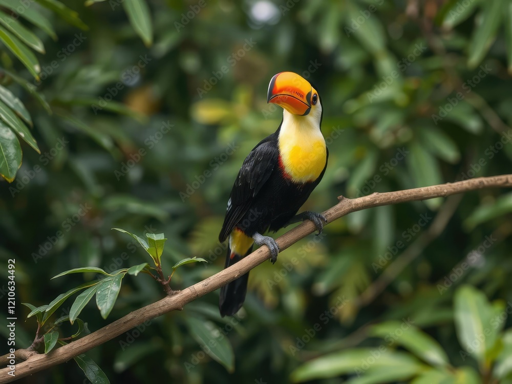 Obraz premium A vibrant toucan perched gracefully on a lush branch in the wild, wildlife, exotic