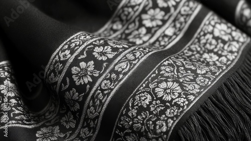 Elegant black fabric with intricate silver floral embroidery on display durin...