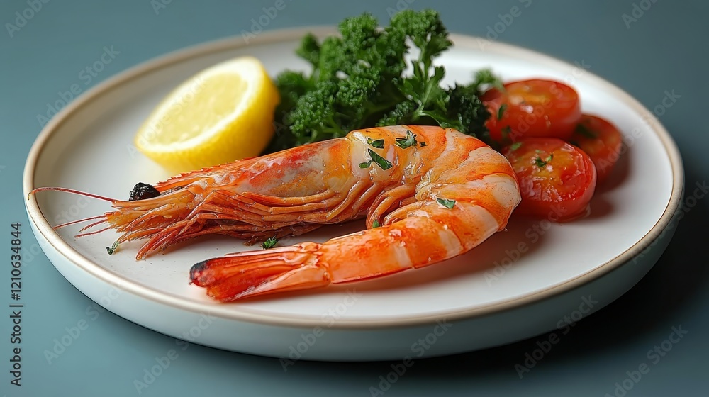 Fresh shrimp served on a plate with lemon and garnished vegetables in a modern setting Fresh shrimp served on a plate with lemon and garnished vegetables in a modern setting