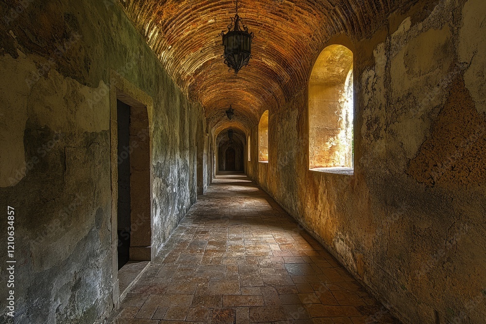 Medieval Castle Hallway Illuminated by Natural Light, Showcasing Ribbed Vaulted Ceilings in Tomar, Portugal Medieval Castle Hallway Illuminated by Natural Light, Showcasing Ribbed Vaulted Ceilings in Tomar, Portugal