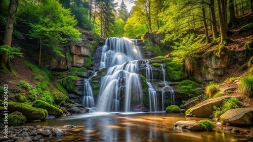 A waterfall cascades down a rocky slope in the heart of a serene forest, forest, waterfall, water, stream, trees