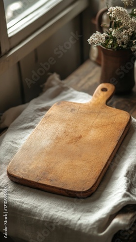 Wooden cutting board on a linen cloth placed on a rustic table by a window in...