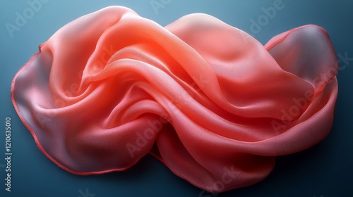 Soft coral silk fabric draped artistically on a blue surface showcasing its e...
