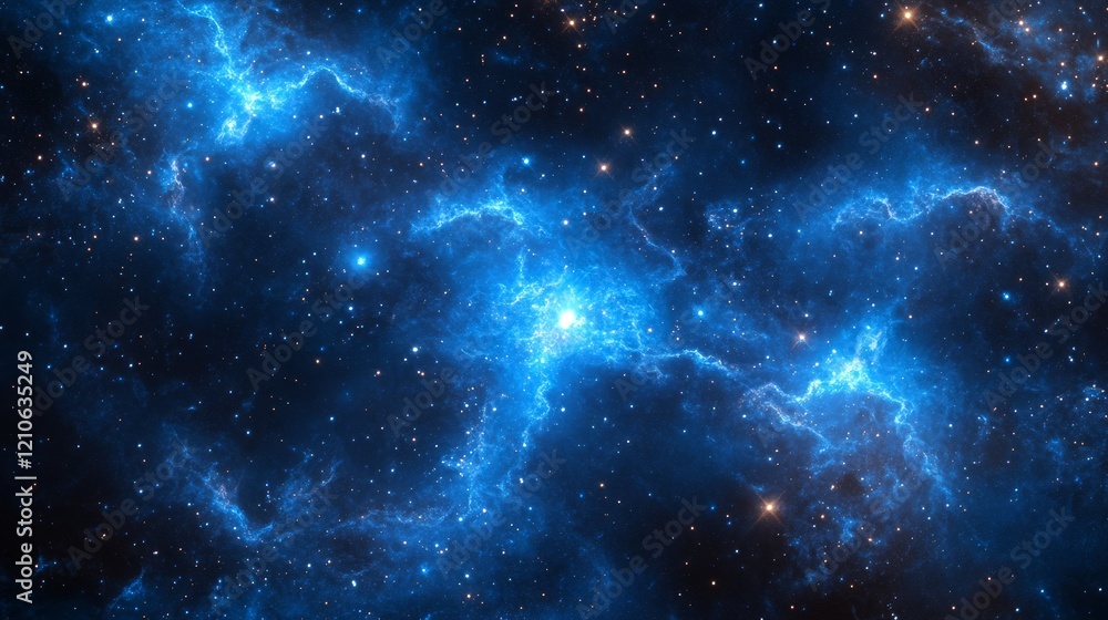 Naklejka premium Glowing cosmic blue particles drifting in space, abstract and luxurious, infinite and magical, calm and peaceful, high detail and ethereal atmosphere, vibrant reflections
