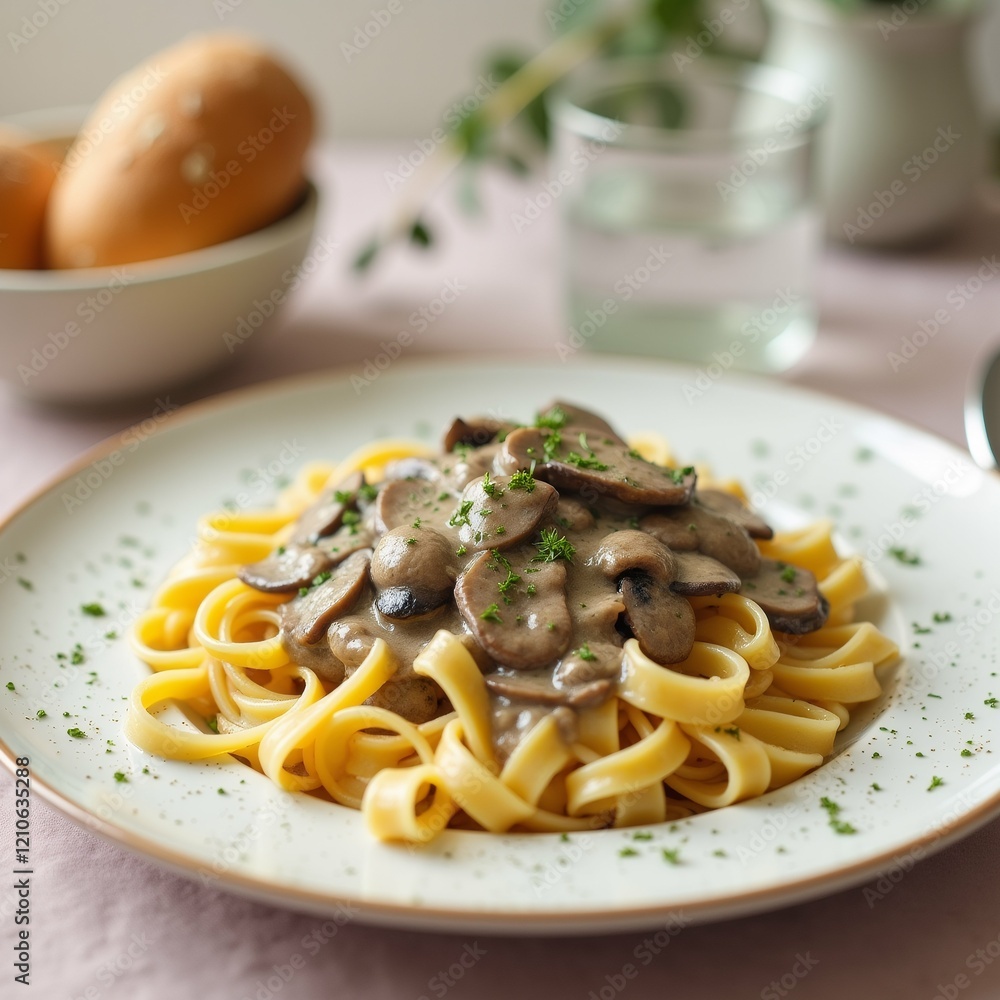 The image shows a plate of fettuccine pasta with mushrooms on top. The plate is white with a green rim and is placed on a pink tablecloth. The image shows a plate of fettuccine pasta with mushrooms on top. The plate is white with a green rim and is placed on a pink tablecloth.