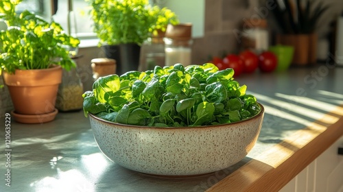 Fresh spinach and herbs in a kitchen setting with sunlight streaming through ...