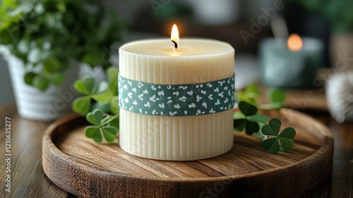 Elegant candle with shamrock design placed on wooden tray in cozy interior space