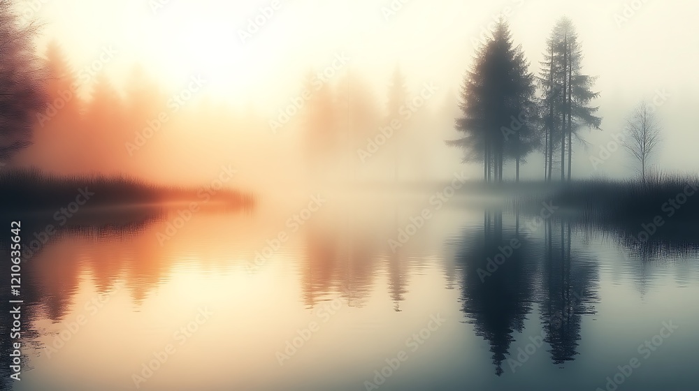 Serene Sunrise Over Foggy Lake And Trees Serene Sunrise Over Foggy Lake And Trees