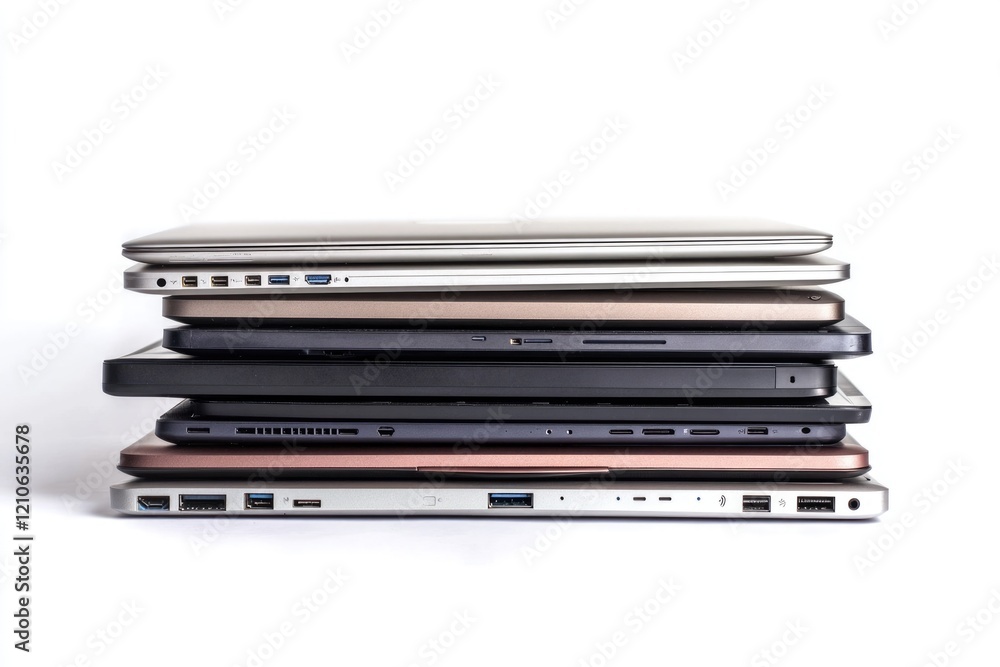 Layered Laptops in Sleek Design. A Visual Composition of Isolated Technology Stacked on a Clean White Background Layered Laptops in Sleek Design. A Visual Composition of Isolated Technology Stacked on a Clean White Background