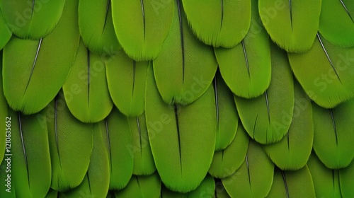 top-down view of vibrant green parrot feathers with subtle shading and fine details of intricate barbs photo