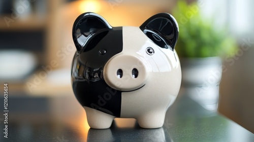 Piggy bank placed on a shiny floor in a modern indoor space during daylight