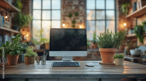 Calculator and potted plant on a wooden table in a modern office during daylight