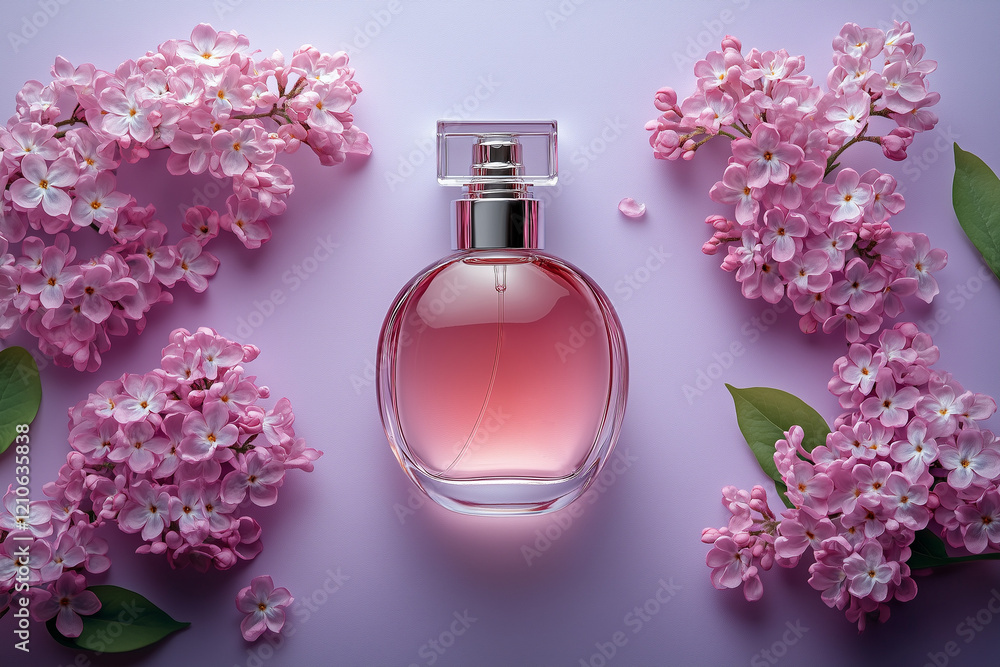 Elegant bottle of women's perfume with delicate fragrances on a lilac background with flowers peon pink . Empty packaging. presentation