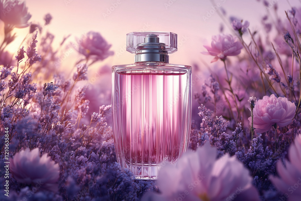 Elegant bottle of women's perfume with delicate fragrances on a lilac background with flowers peon pink . Empty packaging. presentation