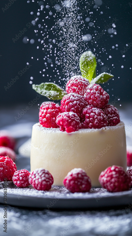 Vertical panna cotta with raspberries and powdered sugar