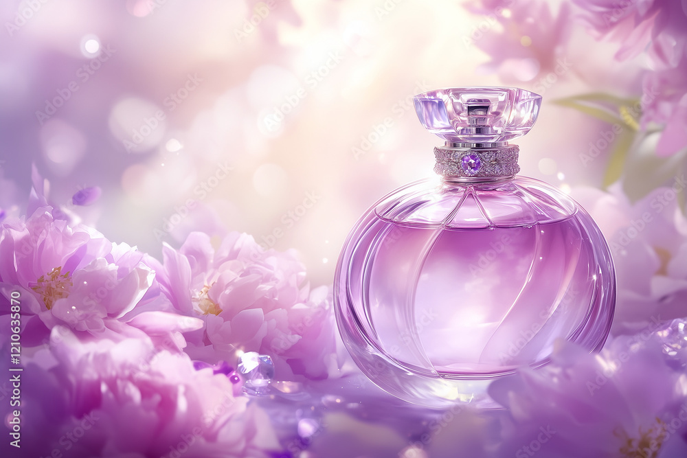 Elegant bottle of women's perfume with delicate fragrances on a lilac background with flowers peon pink . Empty packaging. presentation Elegant bottle of women's perfume with delicate fragrances on a lilac background with flowers peon pink . Empty packaging. presentation