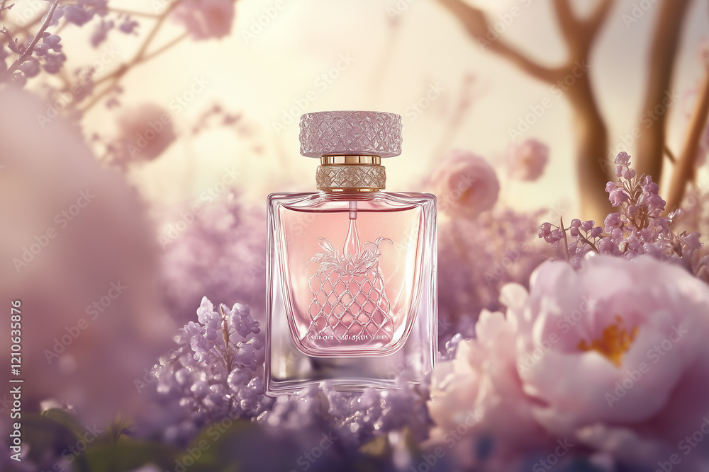 Elegant bottle of women's perfume with delicate fragrances on a lilac background with flowers peon pink . Empty packaging. presentation