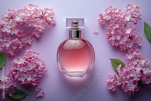 Obraz na płótnie Elegant bottle of women's perfume with delicate fragrances on a lilac background with flowers peon pink . Empty packaging. presentation w salonie
