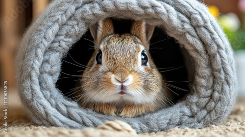 Cute rabbit peeking out from cozy knitted gray tunnel in warm indoor setting ...