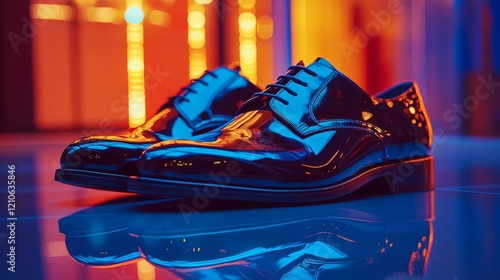 Elegant orange dress shoes displayed on polished wooden floor in stylish inte...