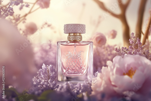 Obraz na płótnie Elegant bottle of women's perfume with delicate fragrances on a lilac background with flowers peon pink . Empty packaging. presentation w salonie