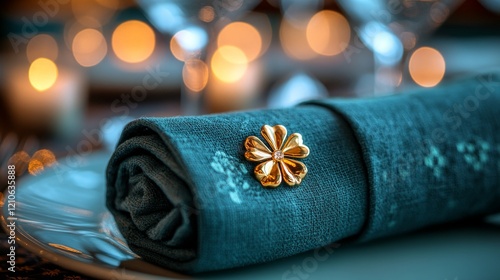 Elegant dinner setting with floral napkin holder and warm candlelight ambianc...