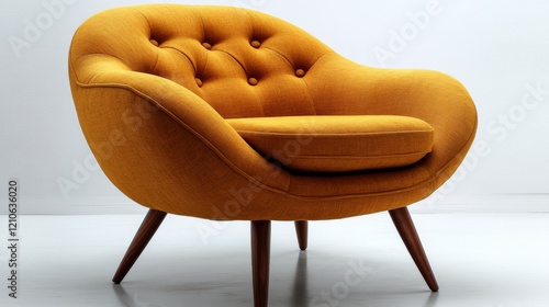 Modern yellow armchair with tufted design and wooden legs in a minimalist int...