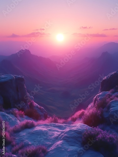 Pink sunset over majestic mountains.