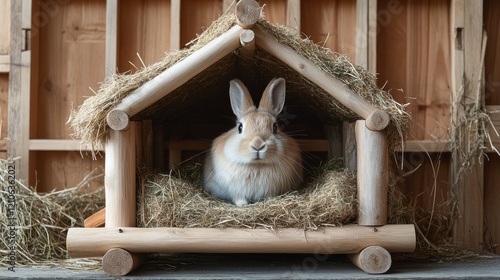 Cute rabbit resting on a wooden shelf in a cozy home with a view of greenery ...