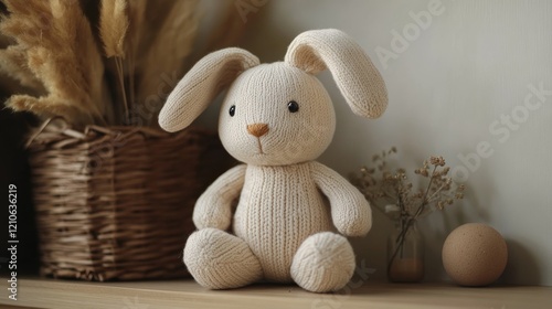 Soft plush bunny and bear toys on a shelf in a cozy room filled with decorati...